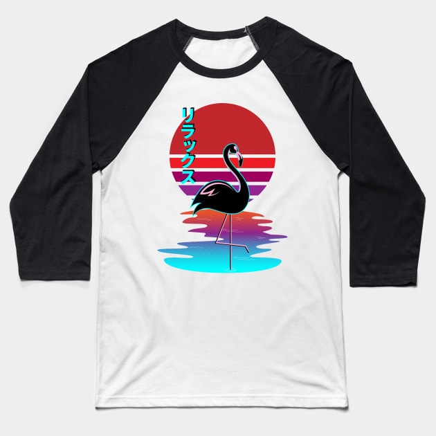 Relax - Relaxing Black Flamingo Synthwave Sunset Rirakkusu Baseball T-Shirt by Brobocop